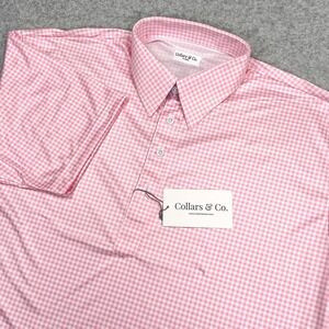 NEW Collars & Co Dress Collar Polo Shirt Mens XL Pink Plaid Gingham Short Sleeve